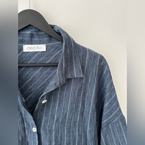 Lagenlook cieolo blue linen oversized blue stripes top - Picture 2 of 11